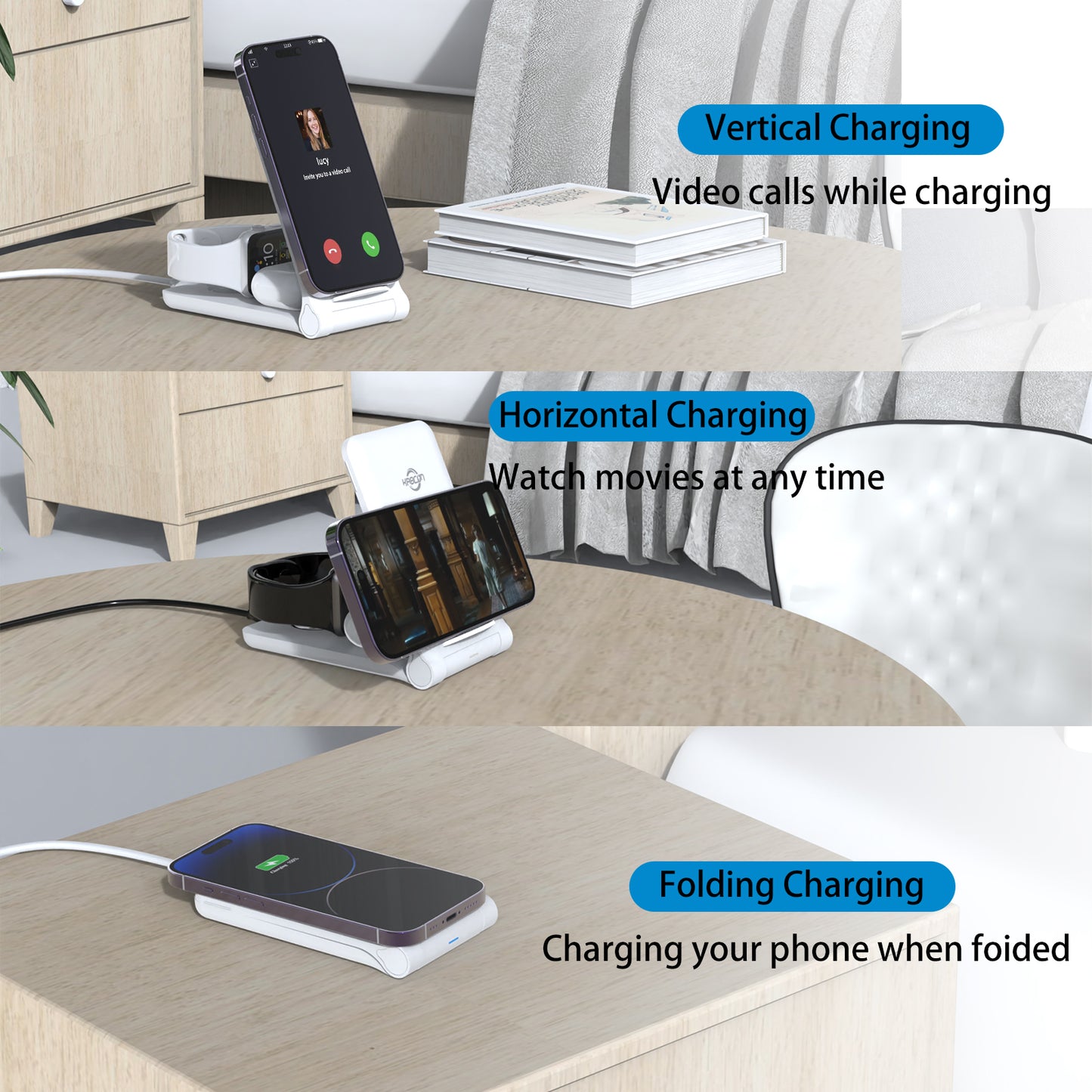 [ship from the US]Wireless Charging Station,3 in 1 Foldable Qi-Certified Fast Wireless Charger Stand