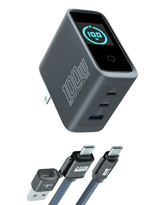 100W Gan laptop charger,2 Type C Port +1 USB A Port（Includes a USB-C charging cable）