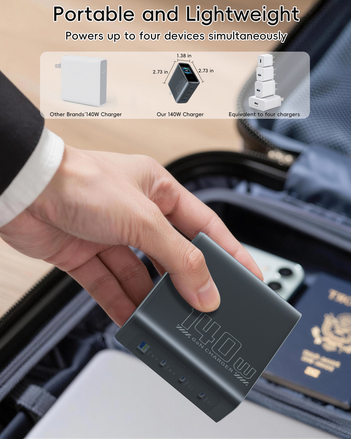 140W Gan laptop charger,3 Type C Port +1 USB A Port