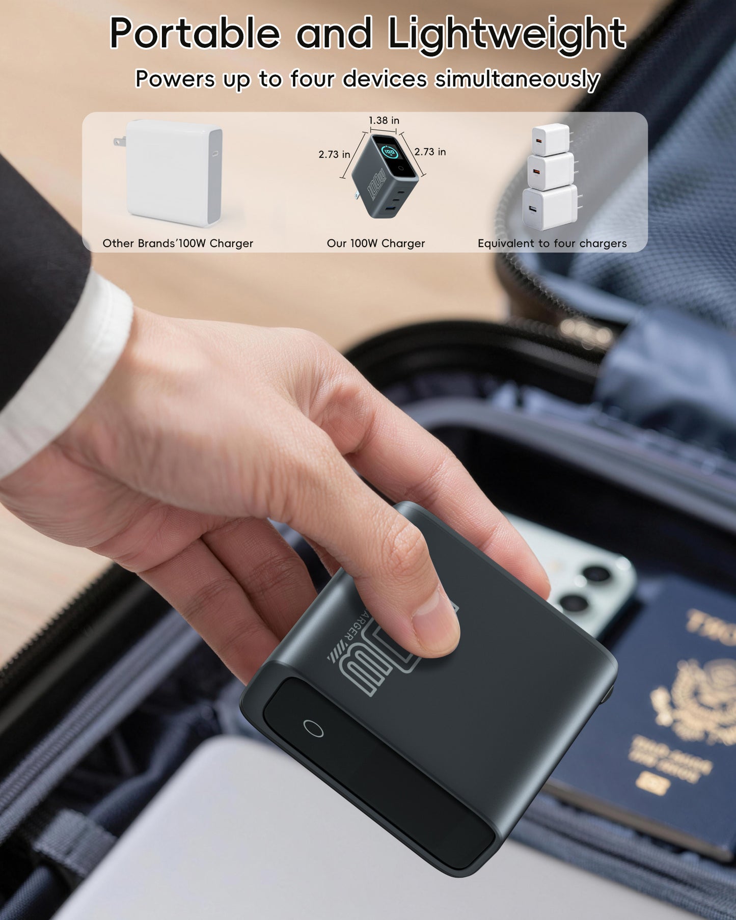 100W Gan laptop charger,2 Type C Port +1 USB A Port