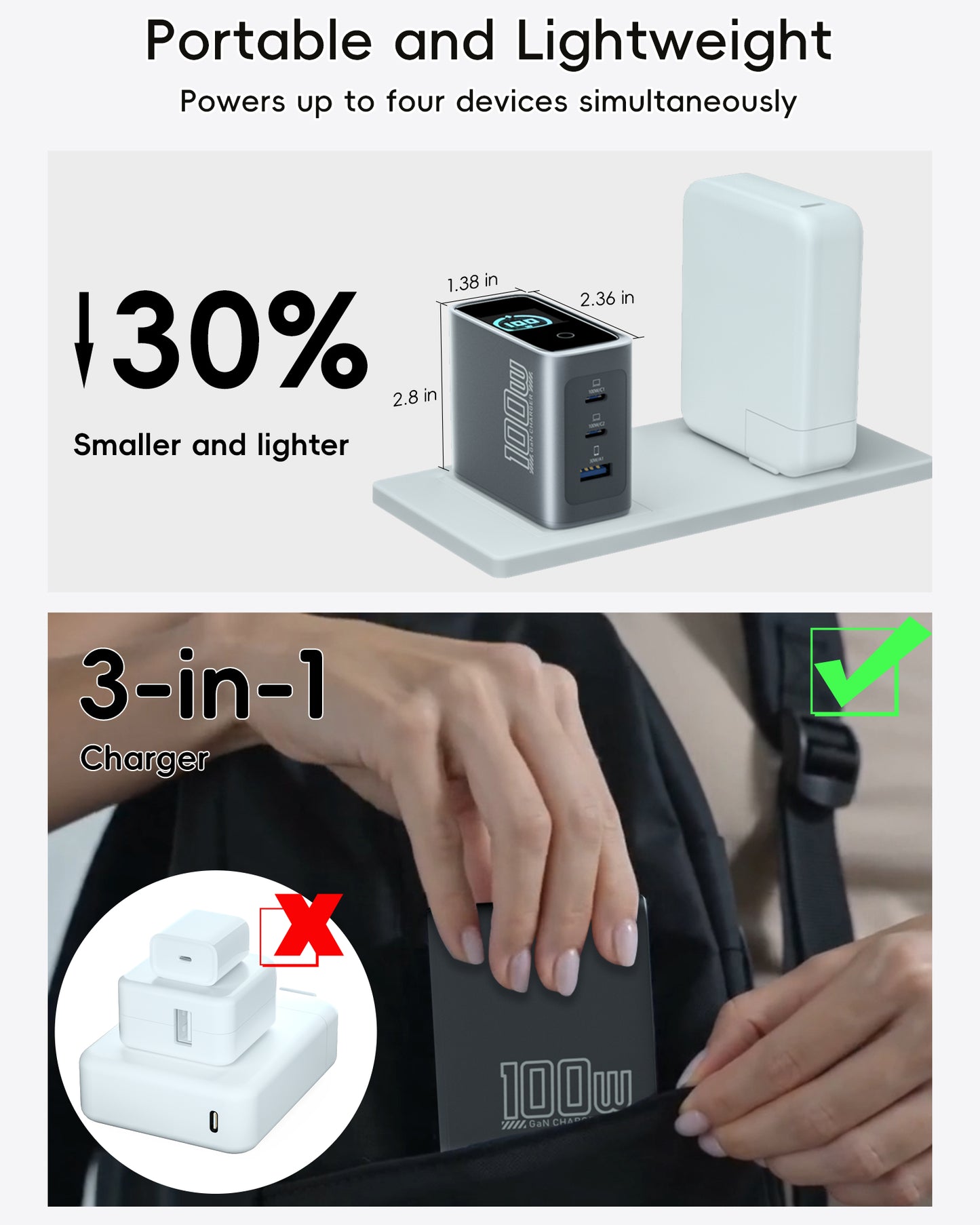 100W Gan laptop charger,2 Type C Port +1 USB A Port（Includes a USB-C charging cable）