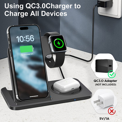 3-in-1 Fast Charging Station - Foldable Wireless Charger Stand with iPhone and iWatch Compatibility - Universal Charging Hub for iPhone 15,14, 13, 12, 11, Pro, Max, Mini, Plus, X, XR, XS, SE, 8, and iWatch 1-8, Airpods 3, 2, Pro