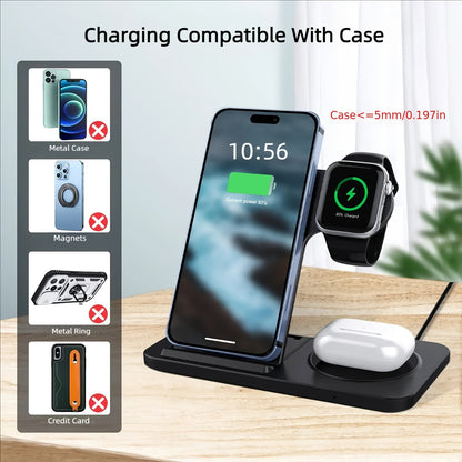 3-in-1 Fast Charging Station - Foldable Wireless Charger Stand with iPhone and iWatch Compatibility - Universal Charging Hub for iPhone 15,14, 13, 12, 11, Pro, Max, Mini, Plus, X, XR, XS, SE, 8, and iWatch 1-8, Airpods 3, 2, Pro