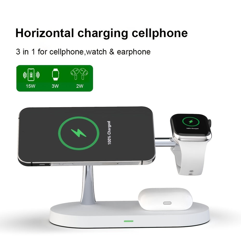 TIMESS 5-in-1 Wireless Charging Station - Fast 15W Qi Charging Dock with LED Night Light, Compatible with iPhone 15/14/13/12 Pro Max Mini, Apple Watch 9/8/7/SE/6/5/4/3/2, AirPods 3/2/Pro, and More