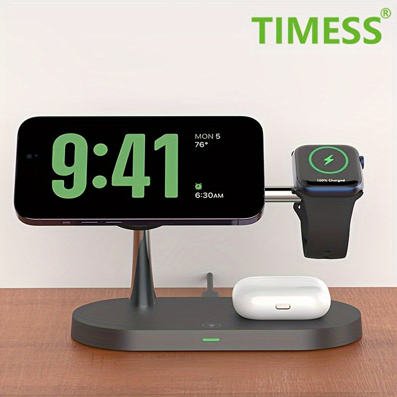 TIMESS 5-in-1 Wireless Charging Station - Fast 15W Qi Charging Dock with LED Night Light, Compatible with iPhone 15/14/13/12 Pro Max Mini, Apple Watch 9/8/7/SE/6/5/4/3/2, AirPods 3/2/Pro, and More