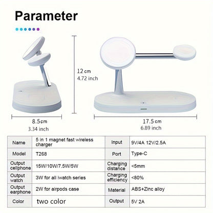 TIMESS 5-in-1 Wireless Charging Station - Fast 15W Qi Charging Dock with LED Night Light, Compatible with iPhone 15/14/13/12 Pro Max Mini, Apple Watch 9/8/7/SE/6/5/4/3/2, AirPods 3/2/Pro, and More