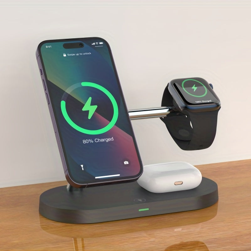 TIMESS 5-in-1 Wireless Charging Station - Fast 15W Qi Charging Dock with LED Night Light, Compatible with iPhone 15/14/13/12 Pro Max Mini, Apple Watch 9/8/7/SE/6/5/4/3/2, AirPods 3/2/Pro, and More