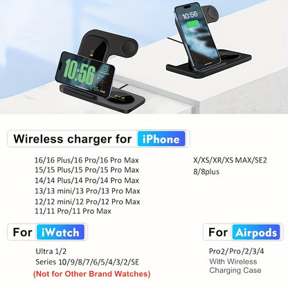 3-in-1 Fast Charging Station - Foldable Wireless Charger Stand with iPhone and iWatch Compatibility - Universal Charging Hub for iPhone 15,14, 13, 12, 11, Pro, Max, Mini, Plus, X, XR, XS, SE, 8, and iWatch 1-8, Airpods 3, 2, Pro