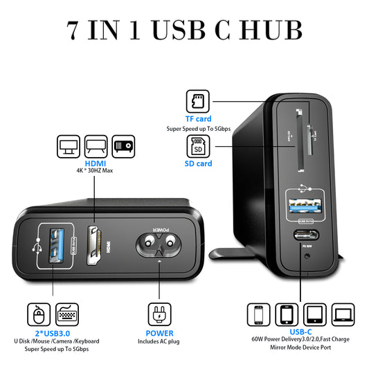 [US Stock]USB C Hub ，7 in 1 Docking Station  with 4k HDMI DisplayPort,65W Power Delivery