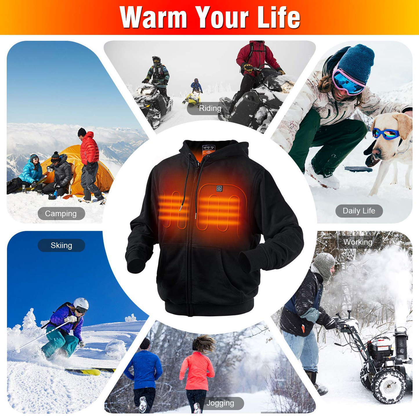 [US Stock] Heated Hoodie Heating Couple Sweatshirt with Battery Pack (Unisex)(Black)